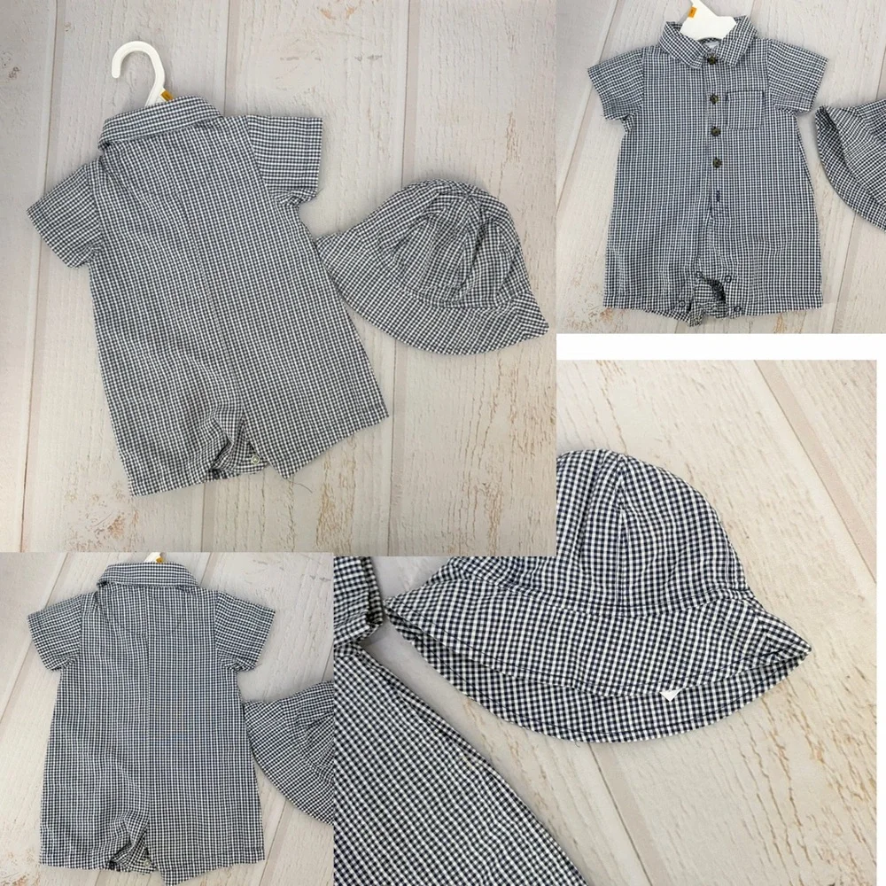 Carter’s 3M Gingham Romper +‎ Hat Baby Outfit Blue White Pre-Owned